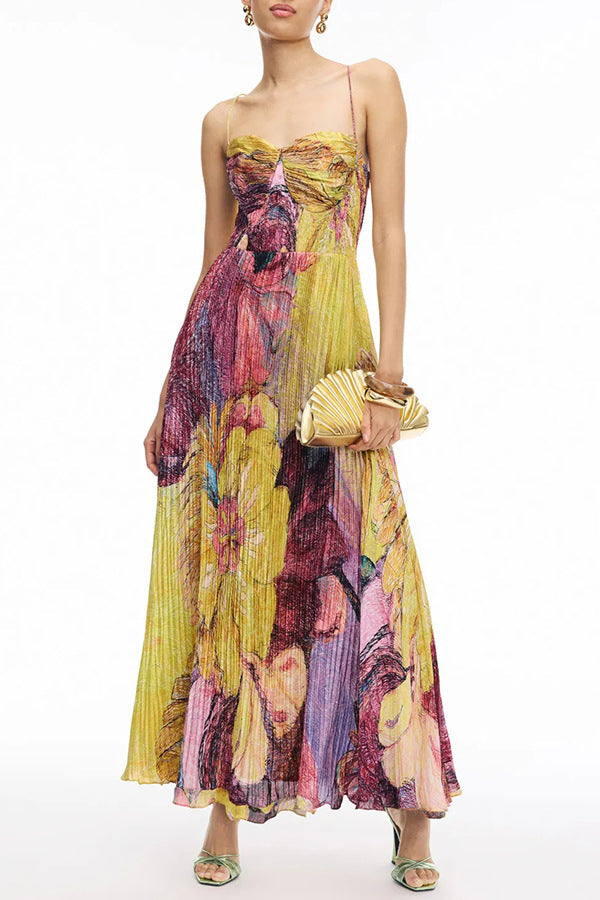 Vibrant and Bold Floral Print Sweetheart Neck Pleated Maxi Dress