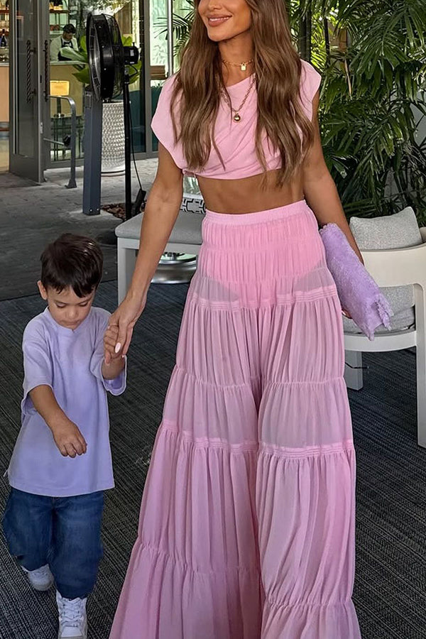 Stunning Chiffon Ruched Shoulder Short Sleeve Crop Top