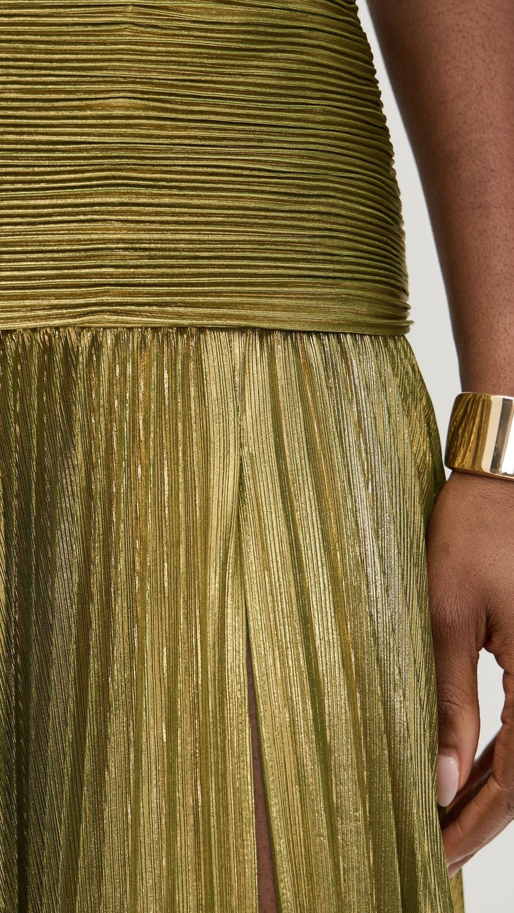 Glamorous Metallic Pleated Fabric Open Back Halter Slit Maxi Dress
