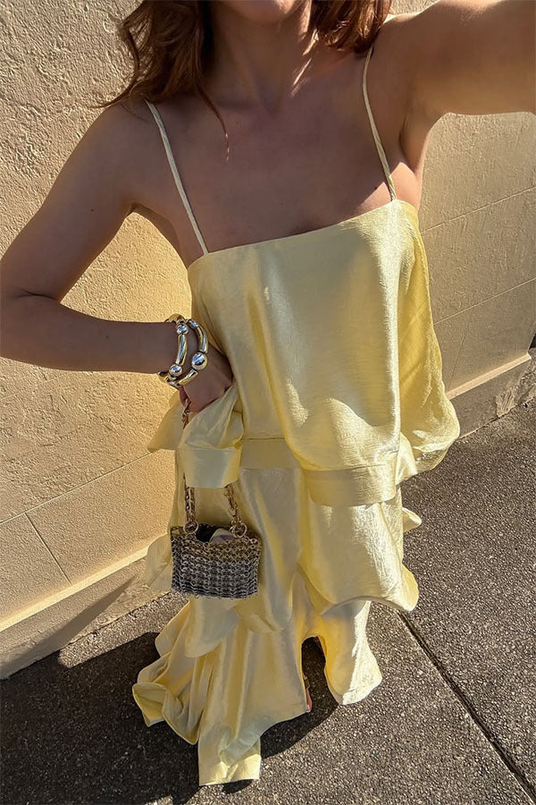 Soft and Smooth Satin Tiered Slip Square Neck A-line Maxi Dress