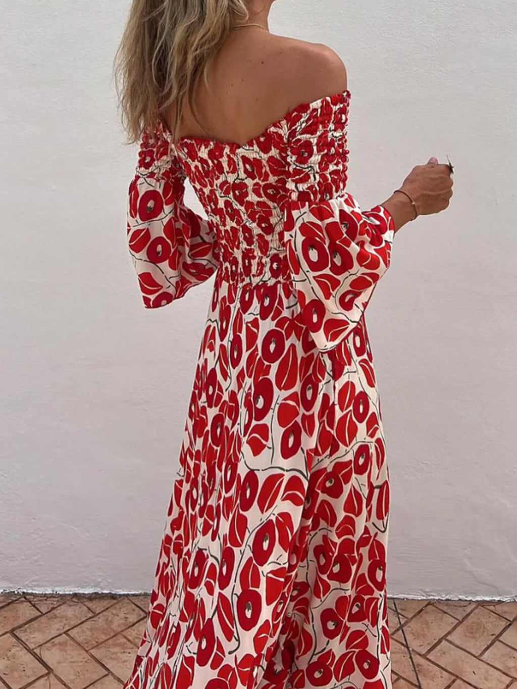 Ladies' Vacation Flower Street Elegant Printed Off Shoulder Waist Pocket Long Dress