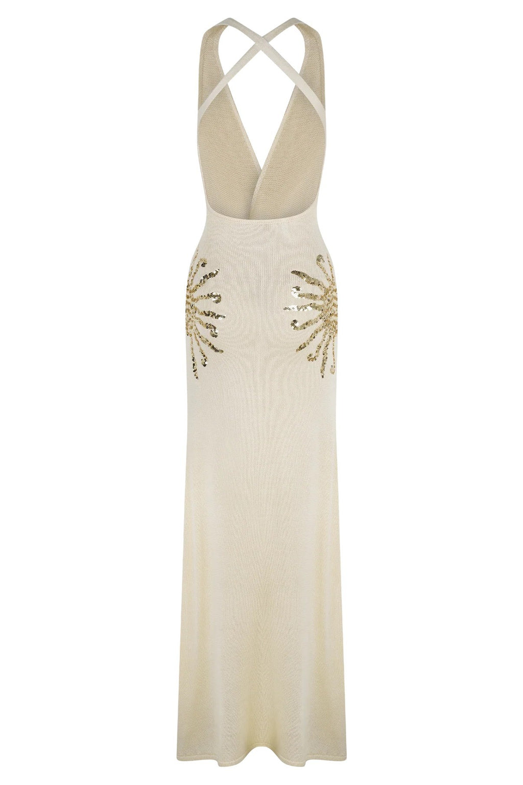 Sparkling Nights Knit Sunburst Sequin Detail Back Cross Straps Stretch Maxi Dress