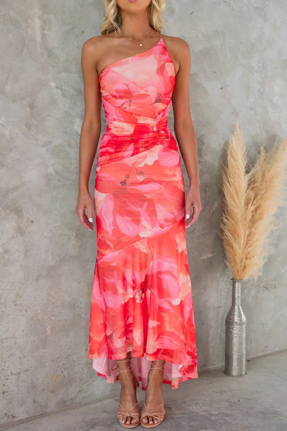 Ladies' elegant party dress, mesh overlay printed one shoulder wave skirt, mesh overlay printed one shoulder pleated elastic long skirt