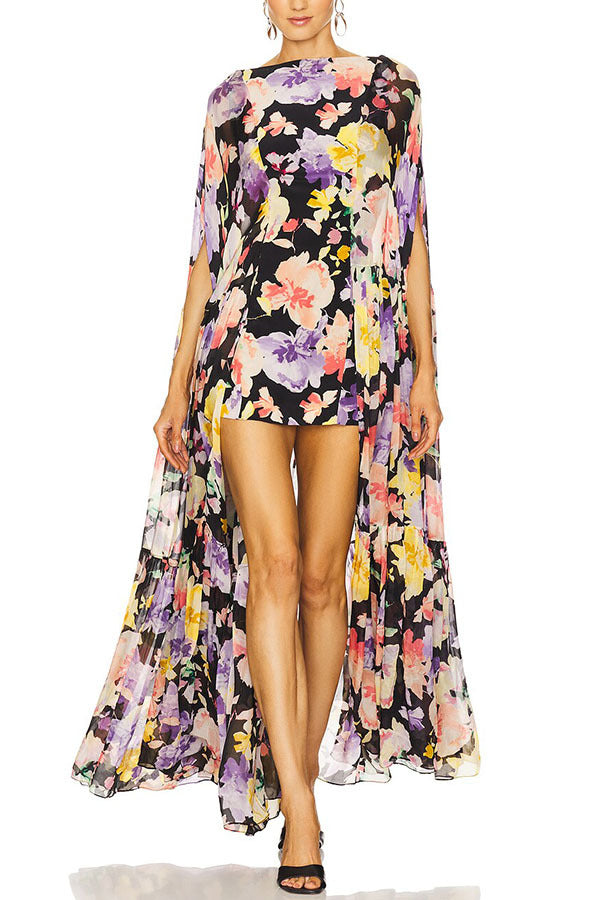 Garden Party Contrast Floral Print High Low Cape Maxi Dress