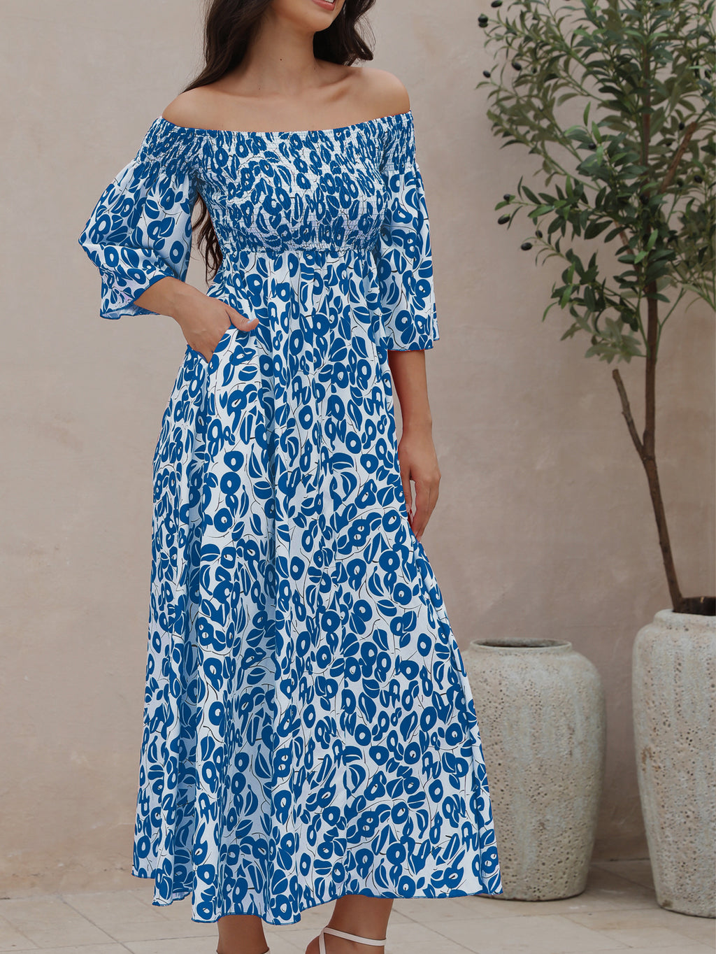 Ladies' Vacation Flower Street Elegant Printed Off Shoulder Waist Pocket Long Dress
