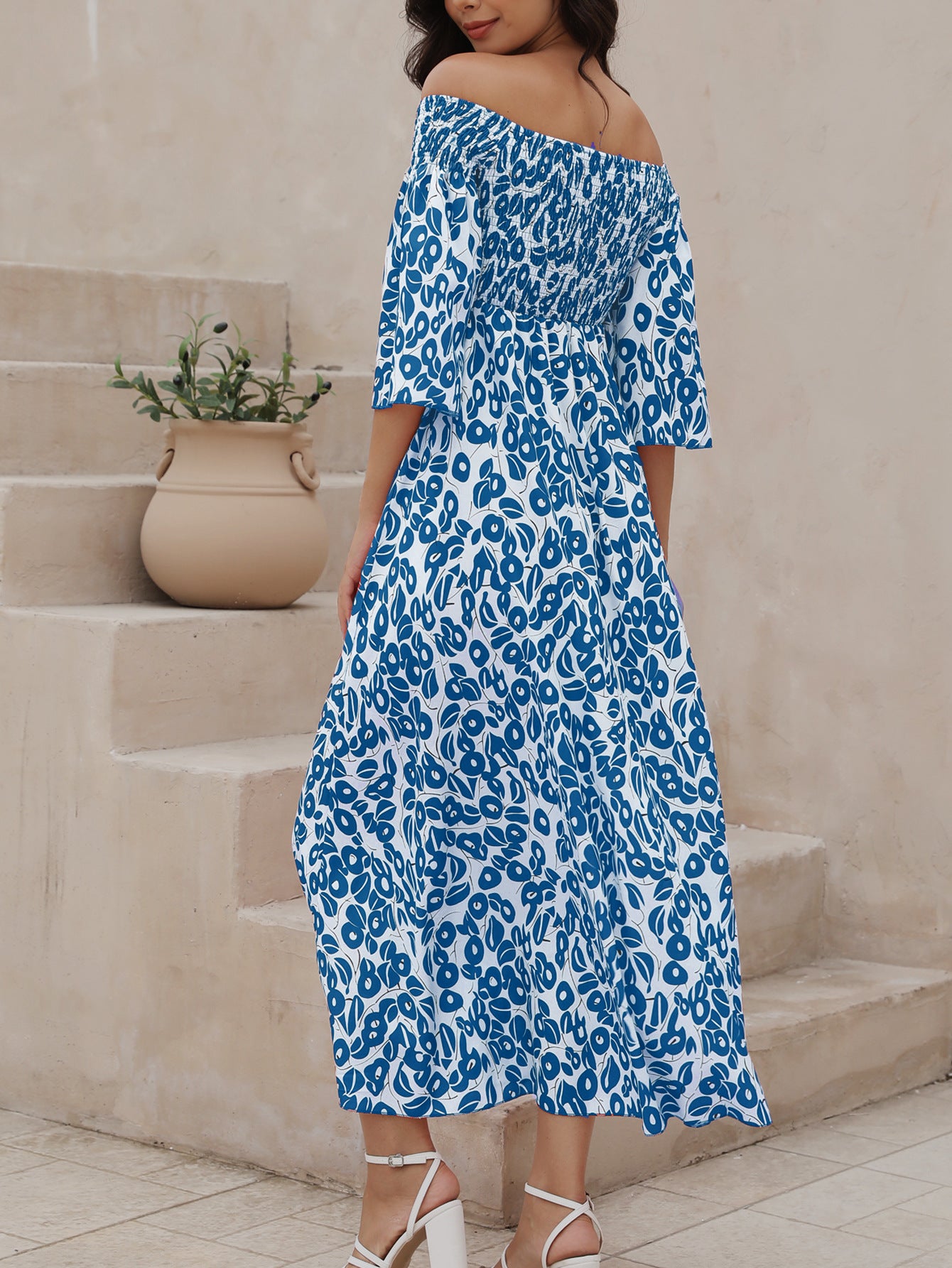 Ladies' Vacation Flower Street Elegant Printed Off Shoulder Waist Pocket Long Dress