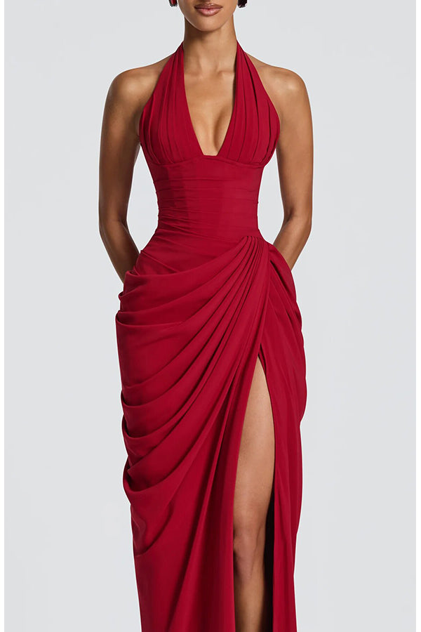 Minette Halter Back Lace-up Asymmetrical Pleats Slit Maxi Dress (pink)