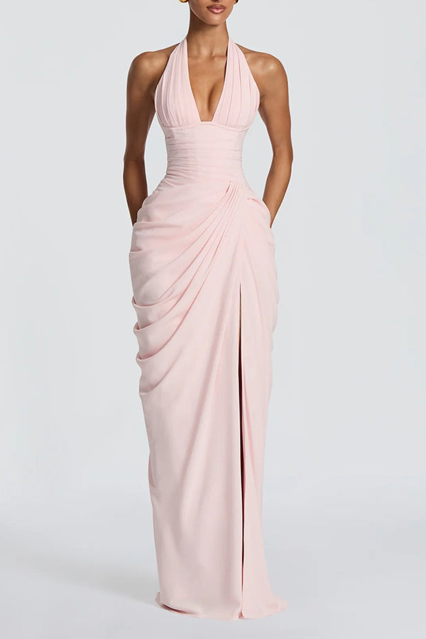 Minette Halter Back Lace-up Asymmetrical Pleats Slit Maxi Dress (pink)