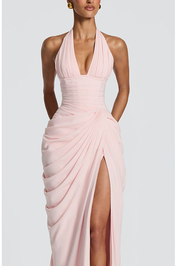 Minette Halter Back Lace-up Asymmetrical Pleats Slit Maxi Dress (pink)