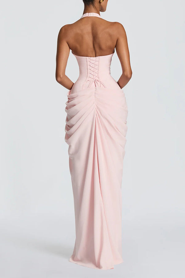 Minette Halter Back Lace-up Asymmetrical Pleats Slit Maxi Dress (pink)