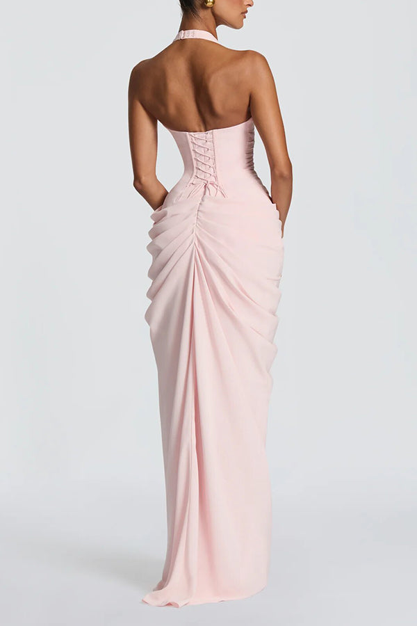Minette Halter Back Lace-up Asymmetrical Pleats Slit Maxi Dress (pink)