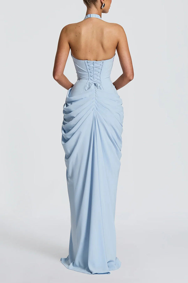 Minette Halter Back Lace-up Asymmetrical Pleats Slit Maxi Dress (pink)