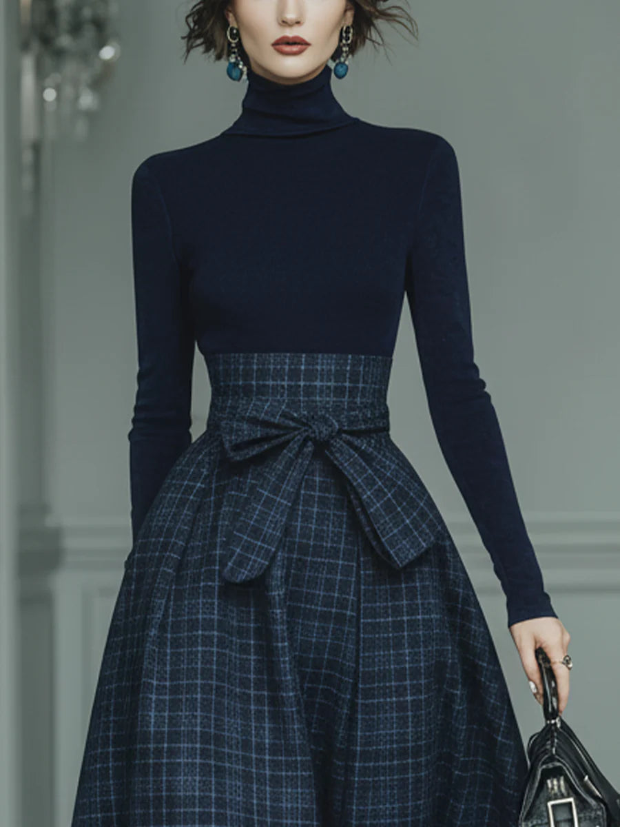 Dark Blue Turtleneck Stretch Top And Plaid Skirt Set