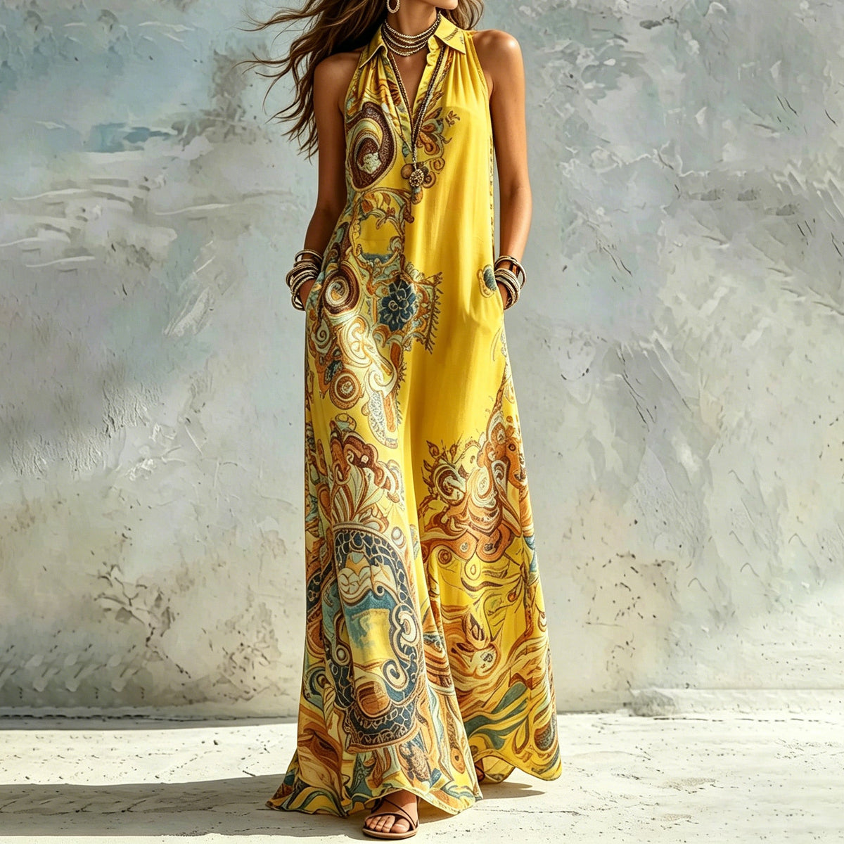 Retro Print Shirt Maxi Dress