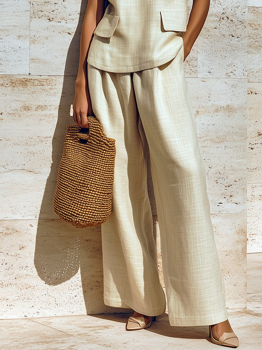 Beige V-neck Sleeveless Loose Vest And Wide-leg Pants Two-piece Set