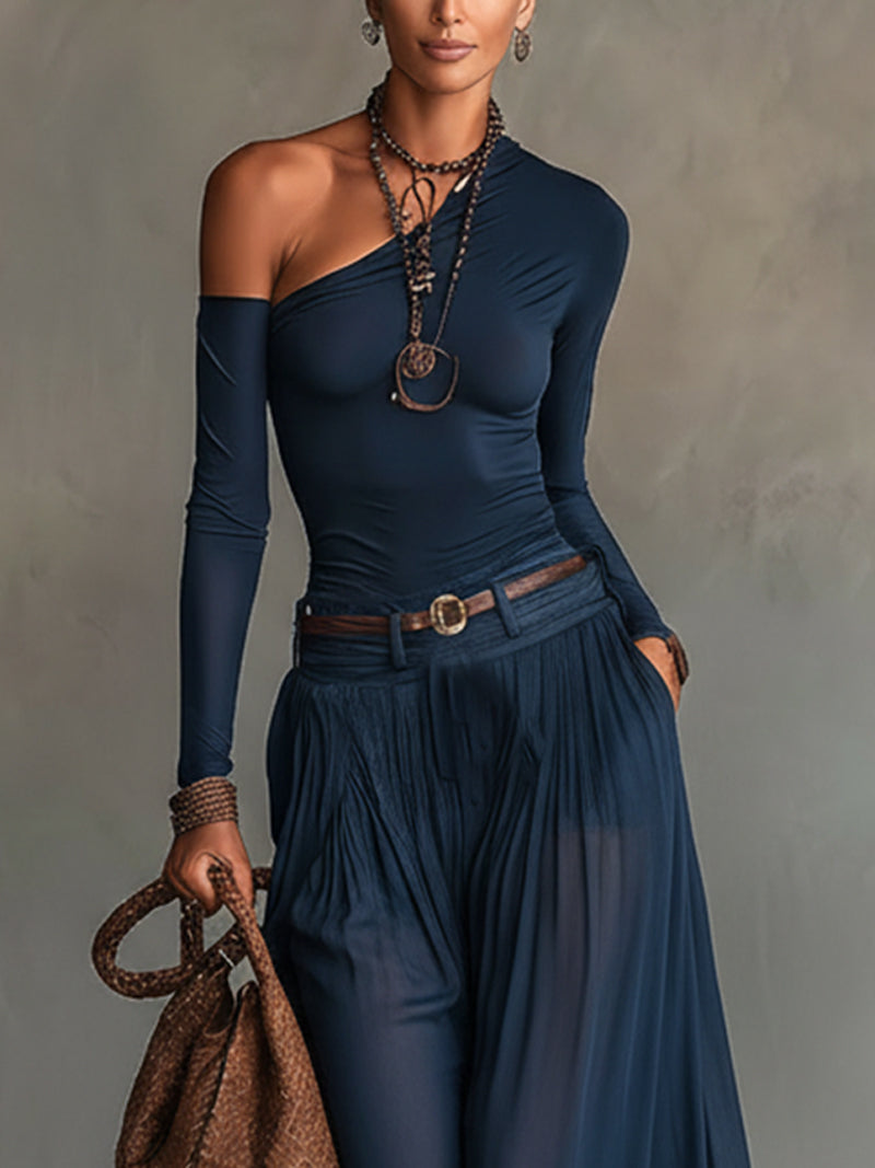 Navy One-Shoulder Chiffon Skirt Set
