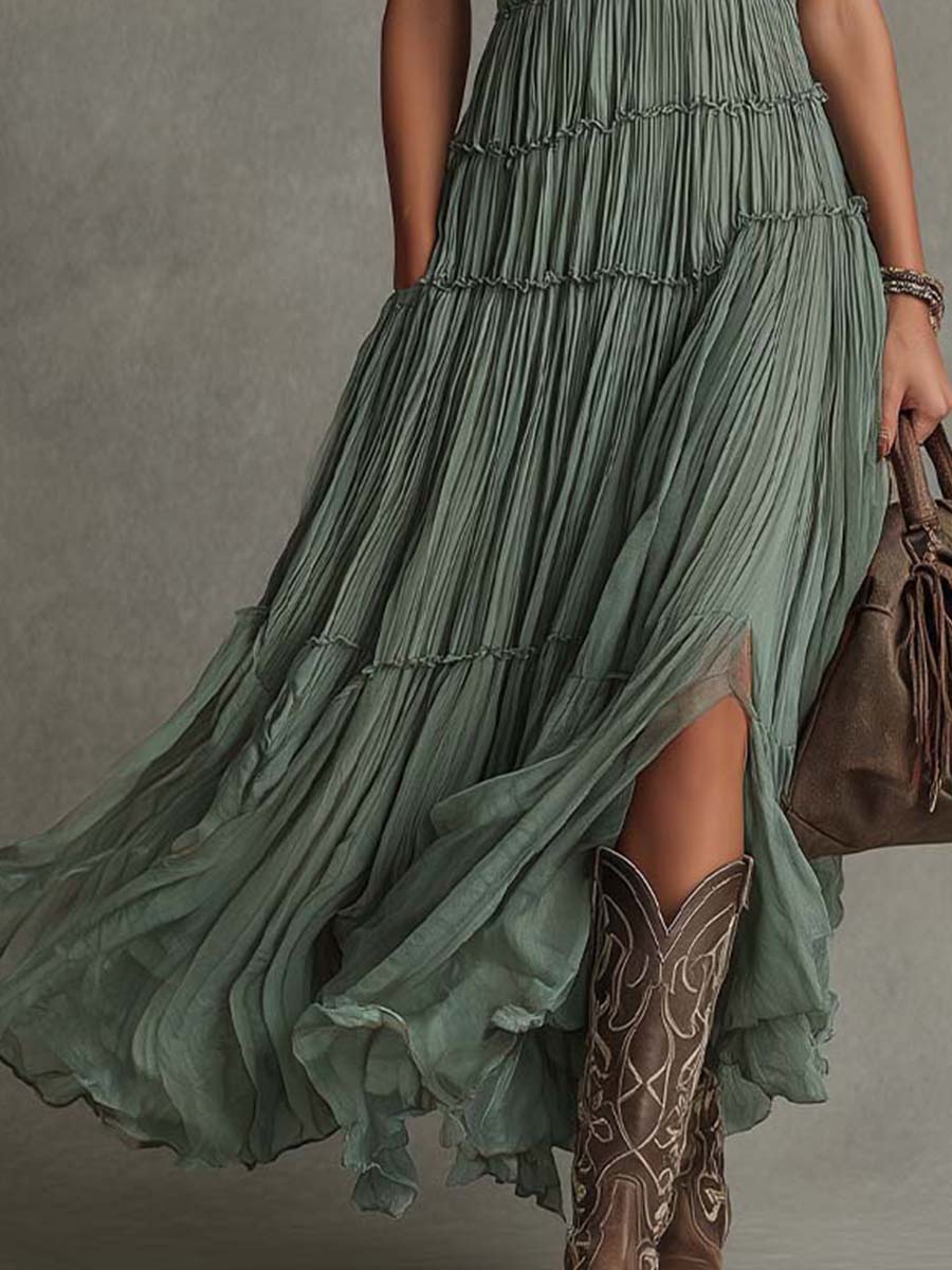 Pleated Chiffon V-Neck Maxi Dress