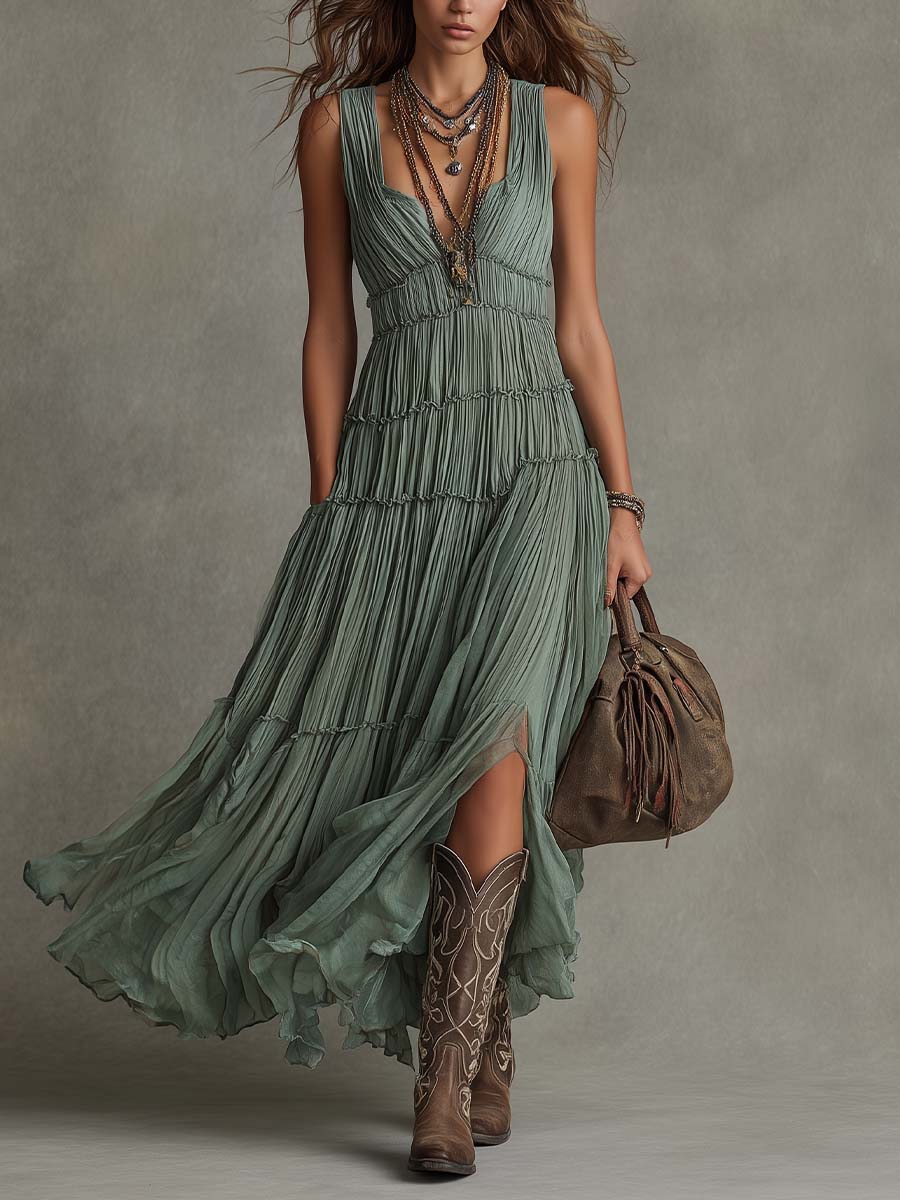 Pleated Chiffon V-Neck Maxi Dress