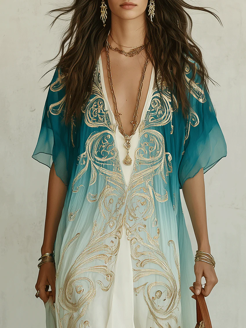 Aqua Ombré Kaftan Maxi Dress