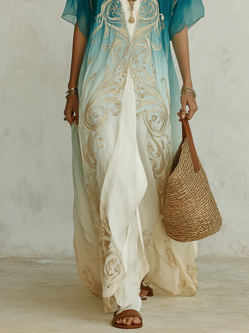 Aqua Ombré Kaftan Maxi Dress