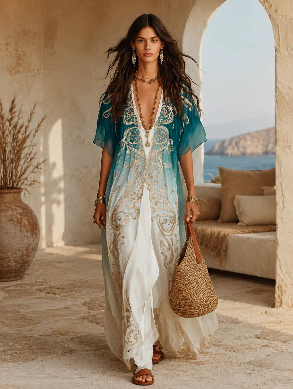 Aqua Ombré Kaftan Maxi Dress