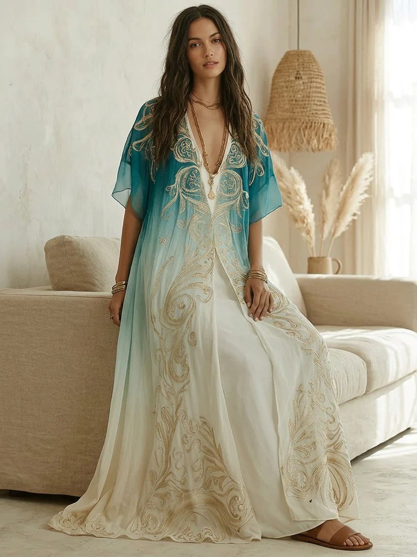 Aqua Ombré Kaftan Maxi Dress