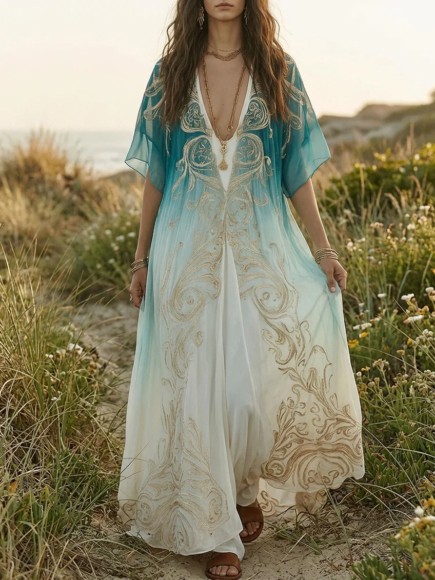 Aqua Ombré Kaftan Maxi Dress