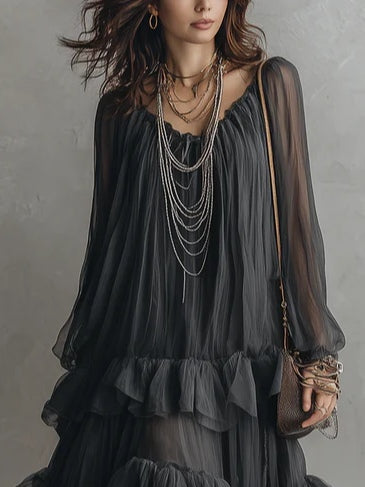 Sheer Layered Ruffle Maxi Dress
