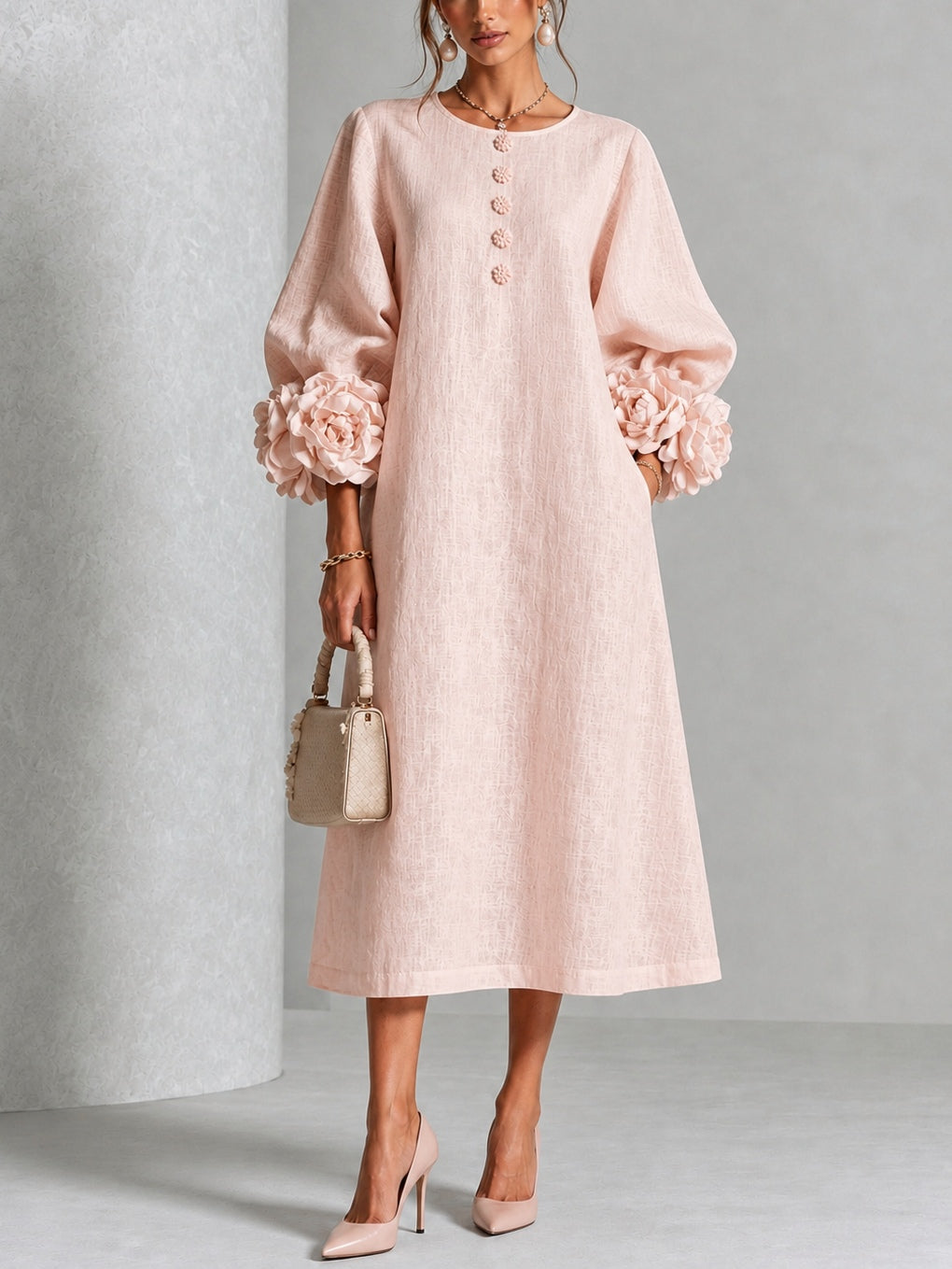 Floral Cuff Button Midi Dress