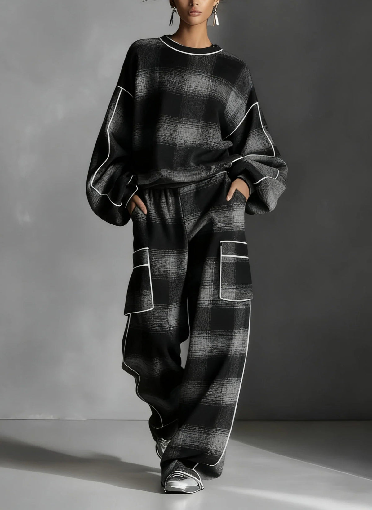 Red-Grey Plaid Contrast Sweatsuit Set