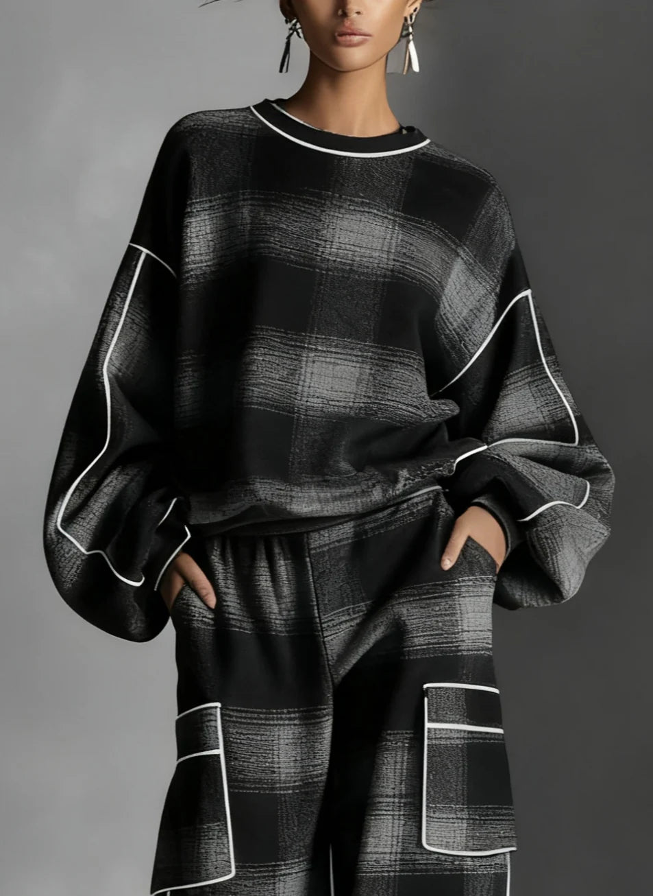 Red-Grey Plaid Contrast Sweatsuit Set
