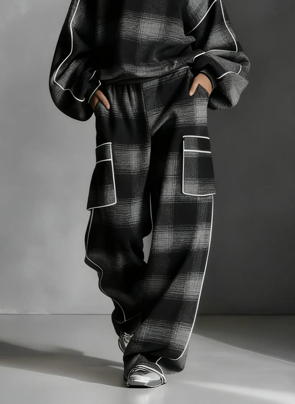 Red-Grey Plaid Contrast Sweatsuit Set