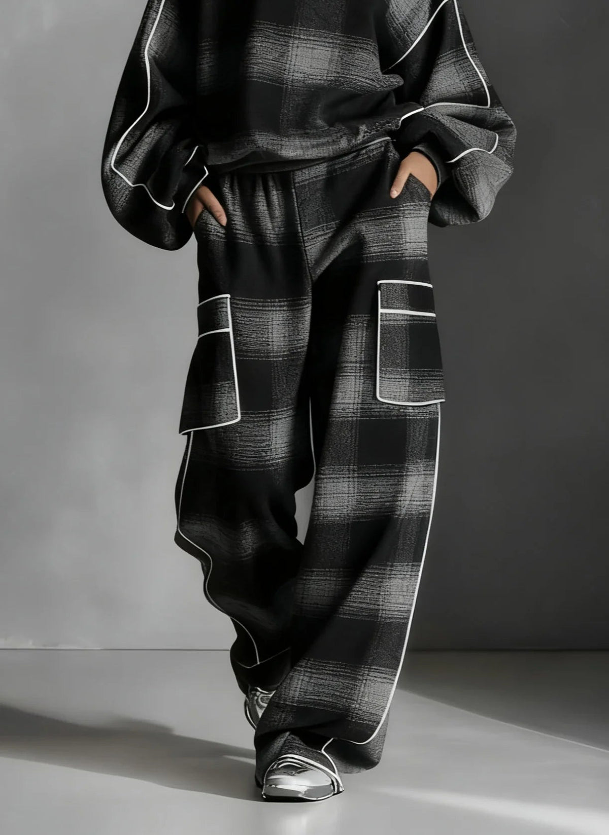 Red-Grey Plaid Contrast Sweatsuit Set