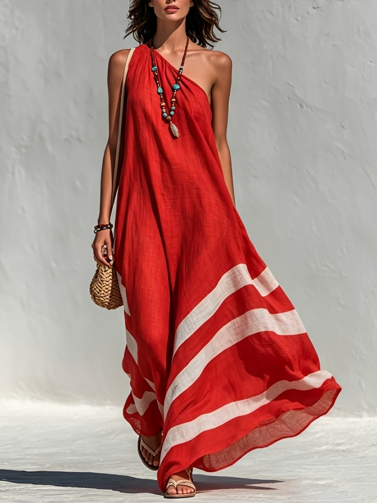 One-Shoulder Colorblock Maxi Dress