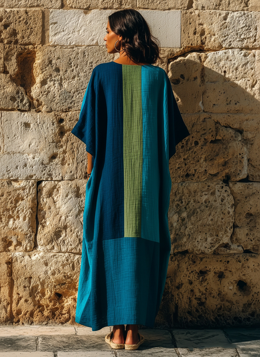Vacation Style Linen-Blend Color Block Caftan Maxi Dress With Pockets