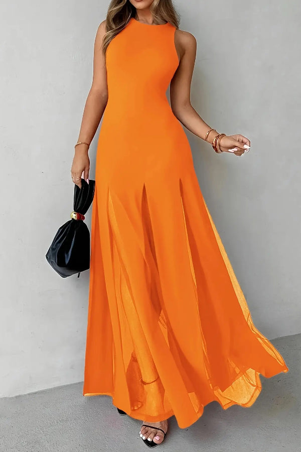 Solid Color Round Neck Sleeveless Slim Fit Sheer Patchwork Hem Maxi Dress