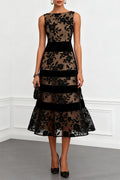 Rosmie Flower Mesh Lace Colorblock Boat Neck Sleeveless A-Line Midi Dress