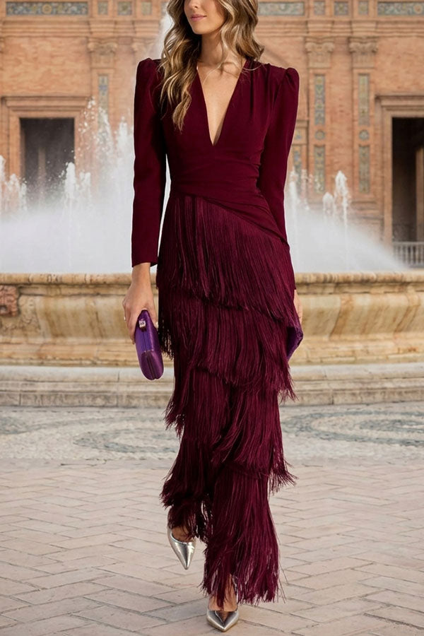 Elegant Night V-Neck Long Sleeve Layered Tassel Hem Maxi Dress
