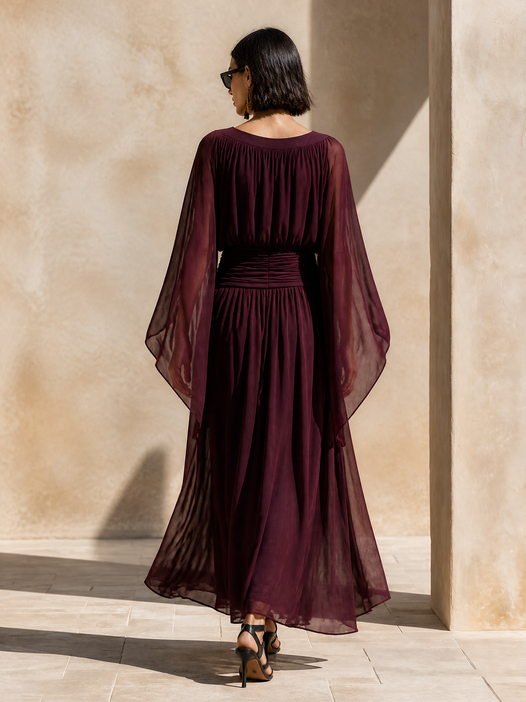 Cape Sleeve Gathered Maxi Dress