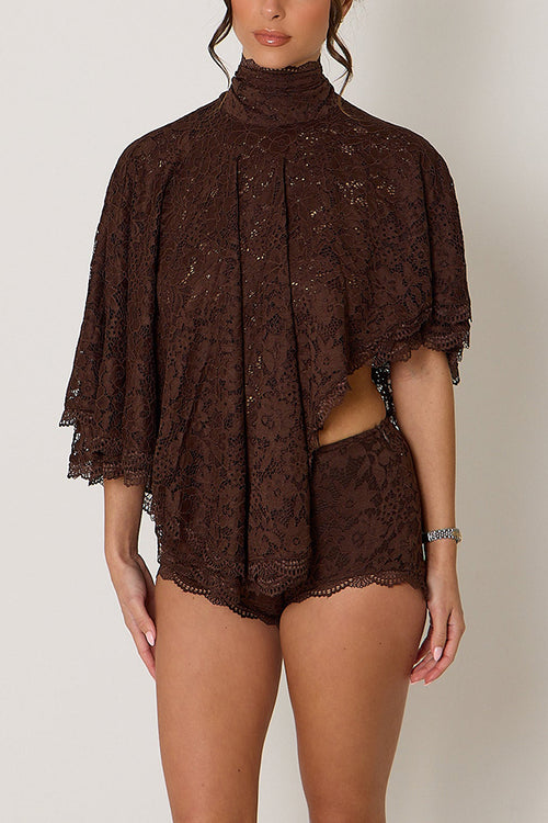 Carmen Lace Bow-tie Round Neckline Ruffle Cape Overlay Top