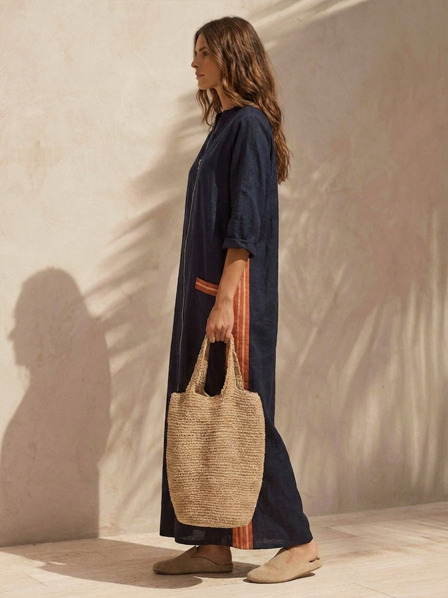 Contrast Stripe Half-Zip Maxi Dress