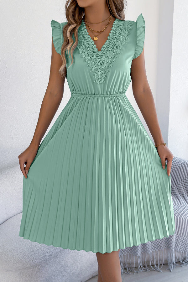Solid Color V-neck Lace-trimmed Sleeveless Casual Pleated Midi Dress