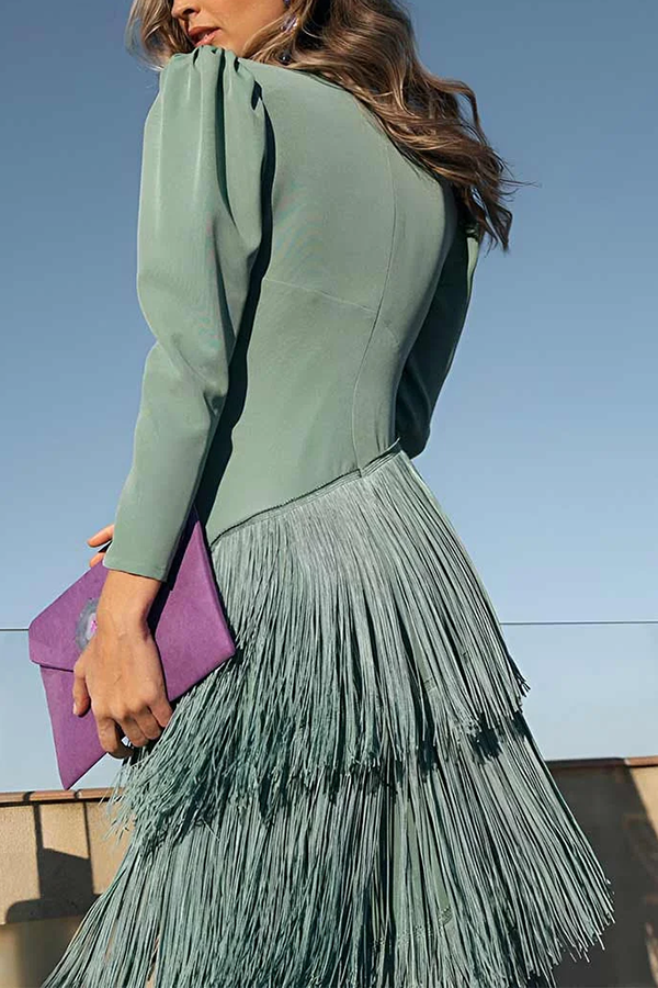 Elegant Night V-Neck Long Sleeve Layered Tassel Hem Maxi Dress