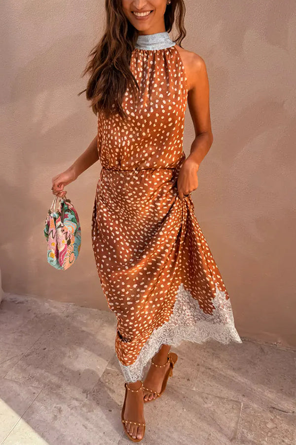 Stunning Fawn Print Contrast Color Satin Lace Trim Neck Strap Loose Tank