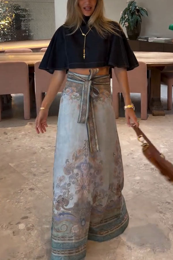 Next Vacation Denim Mock Neck Short Flutter Sleeves Crop Top