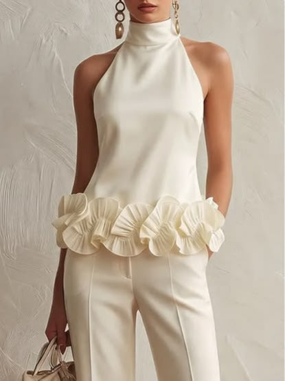 Floral Hem High-Neck Pant Set