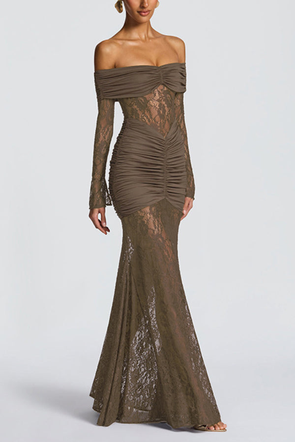 Solid Color Patchwork Lace Off-shoulder Long-sleeved Pleated Slim-fit Maxi Dress