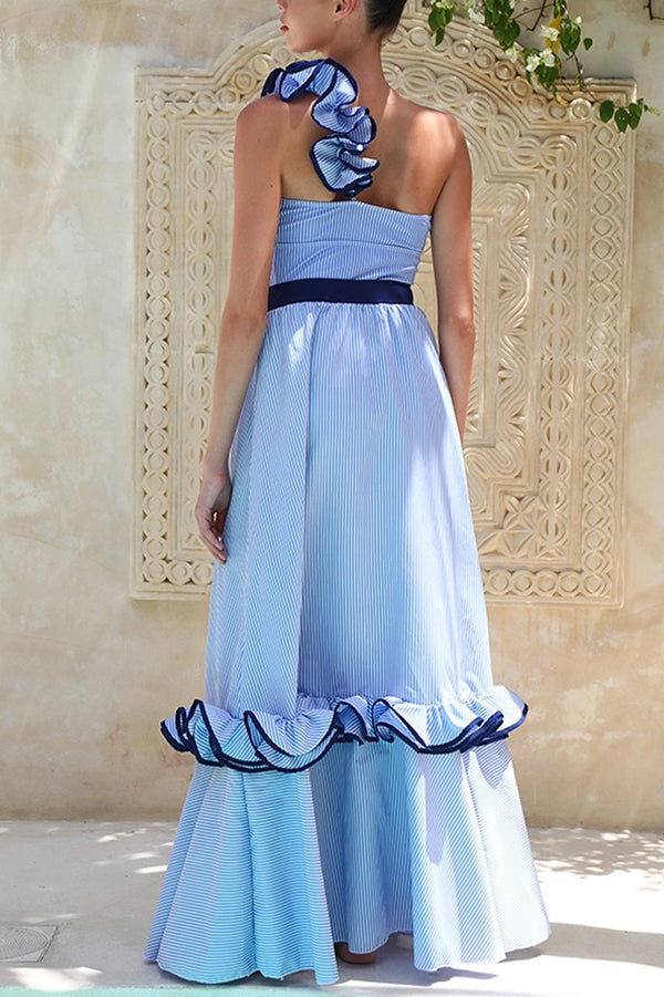 Striped Print Elegant Ruffle Trim Vacation Maxi Skirt