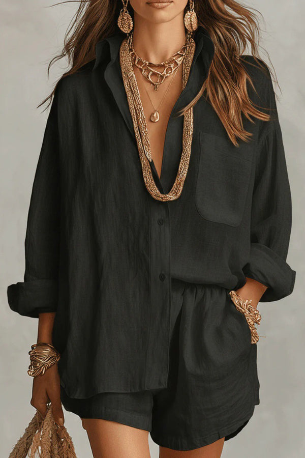 Linen Blend Loose-fitting Long-sleeved Collared Shirt and Elastic Waist Casual Pocket Shorts Set