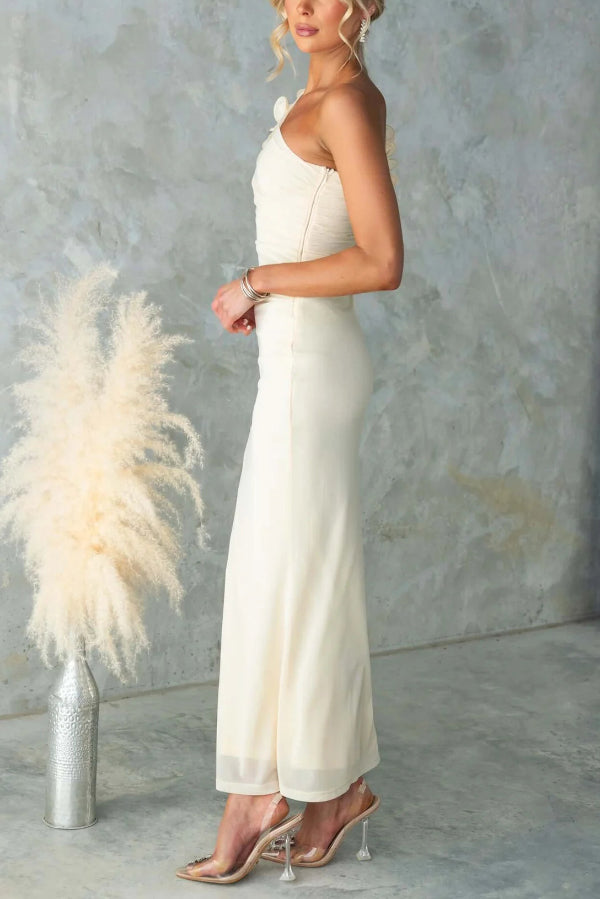 Fashionable Mesh Sleeveless One-shoulder Waist-revealing Maxi Dress